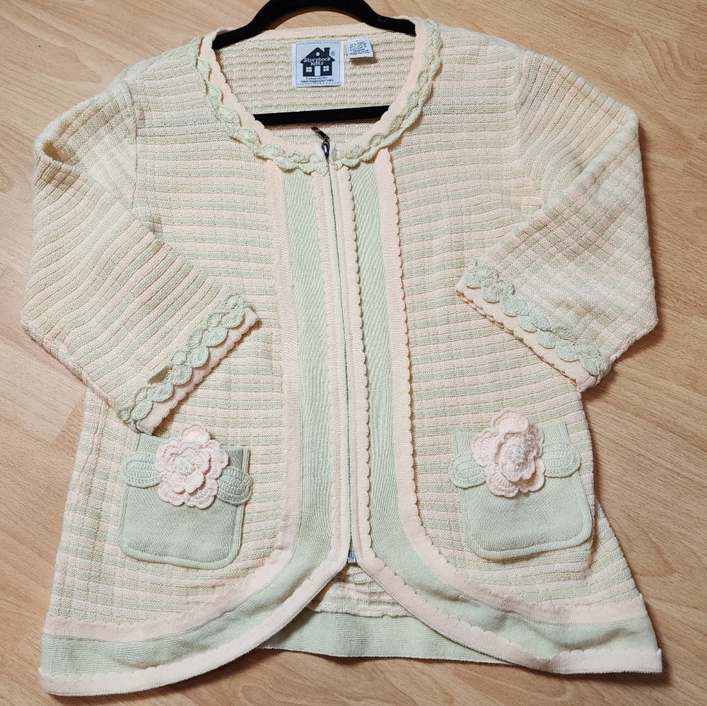 StoryBook Knit Sweater Zip Cardigan 3D Flower Pockets Peach Green Size Small